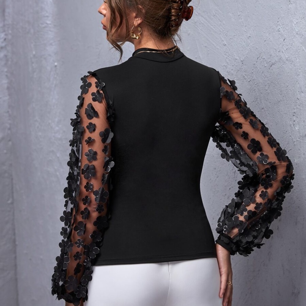 Black flower detail sheer sleeve hi neck blouse - Picture 3 of 4